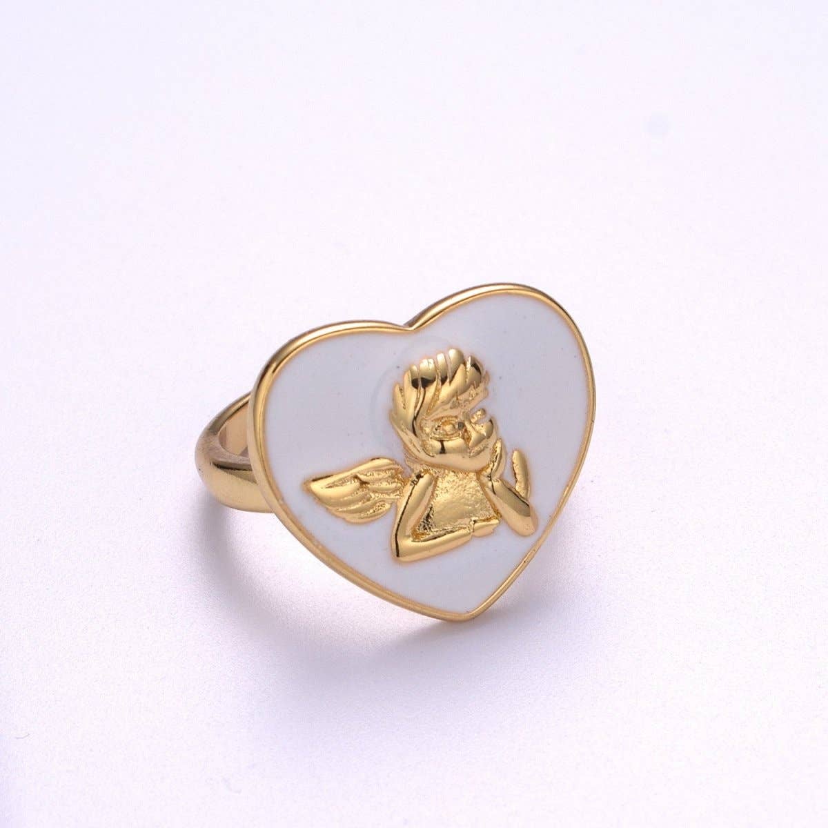 Chunky Cherub Angel Ring | Gold Plated Enamel Heart Statement Ring, Adjustable Open Band - Image 4