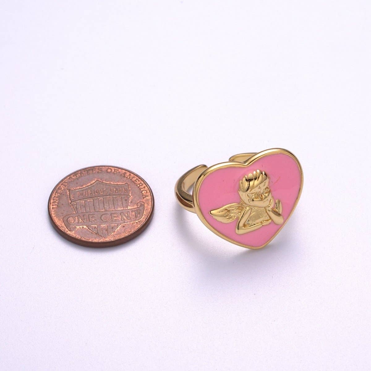 Chunky Cherub Angel Ring | Gold Plated Enamel Heart Statement Ring, Adjustable Open Band - Image 6