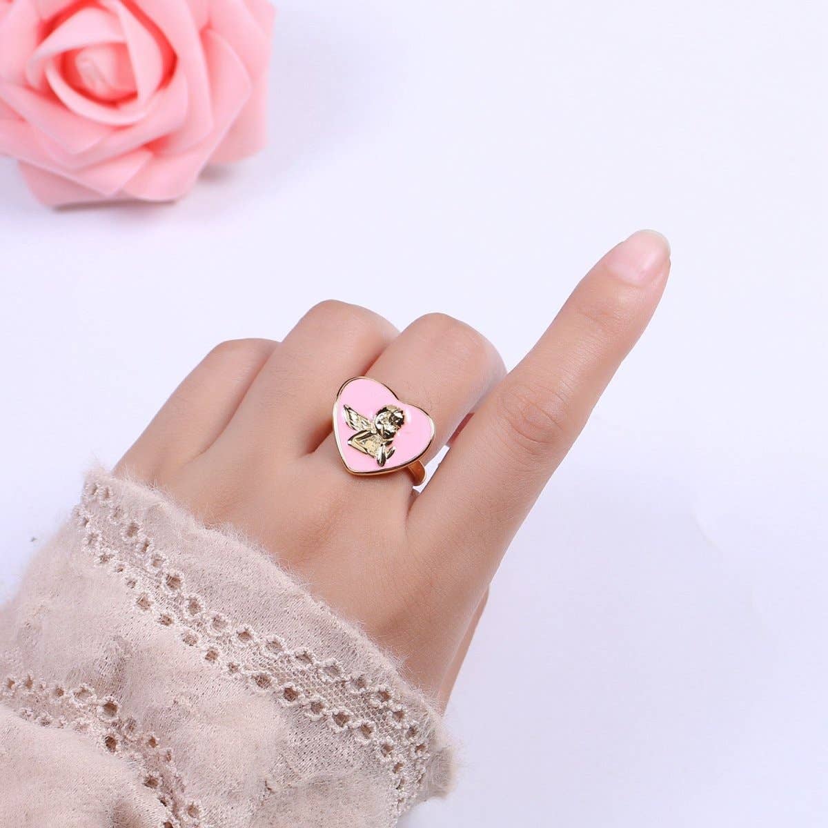 Chunky Cherub Angel Ring | Gold Plated Enamel Heart Statement Ring, Adjustable Open Band - Image 7