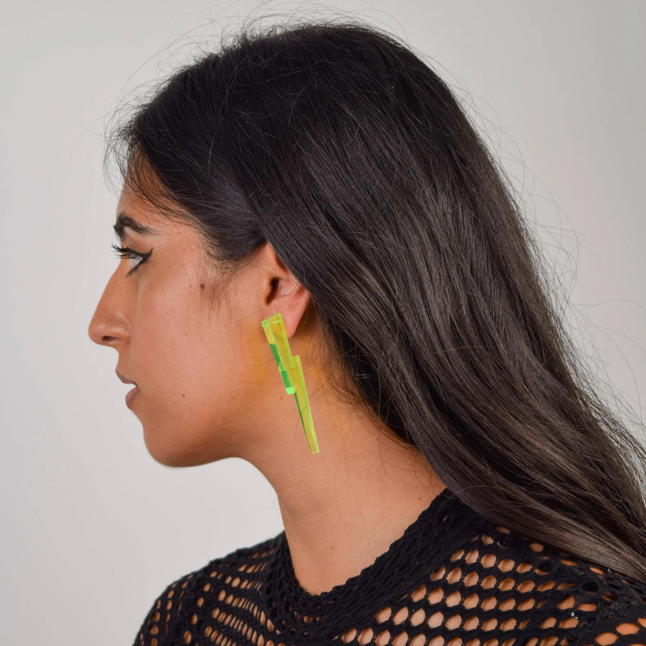 Chunky Statement Lightning Bolt Earrings in Black Light Reactive Clear Green | 80s Vibes Jewelry - Image 3