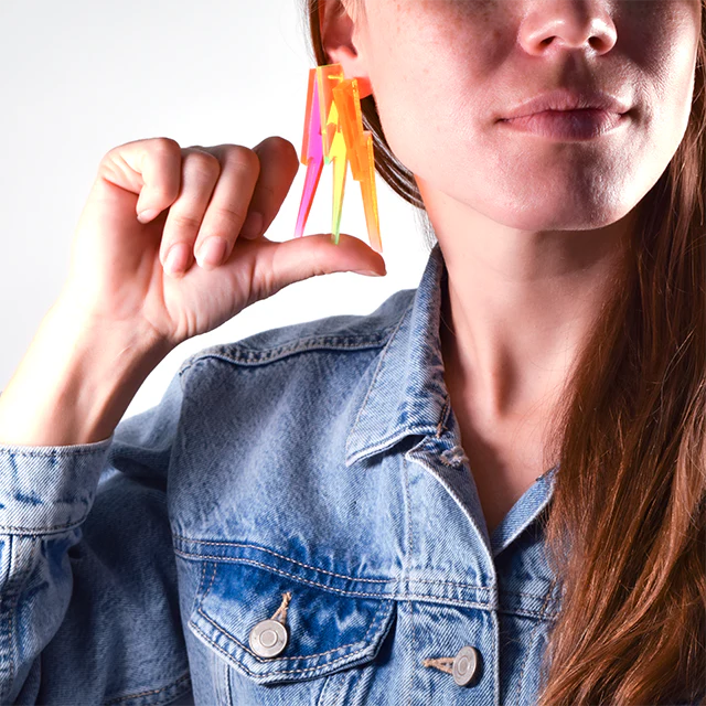Chunky Statement Lightning Bolt Earrings in Black Light Reactive Clear Green | 80s Vibes Jewelry - Image 5
