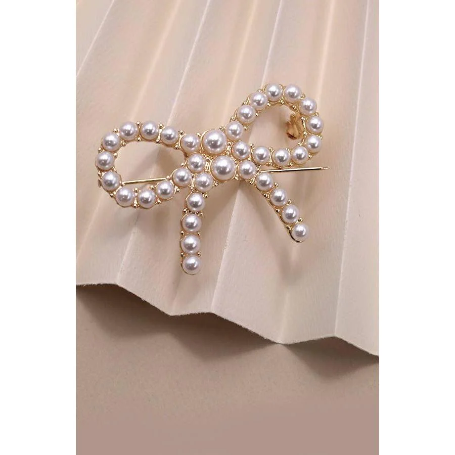 Classic Coquette Bow Ribbon Pearl Brooch in Gold Plating | 2" - Image 3