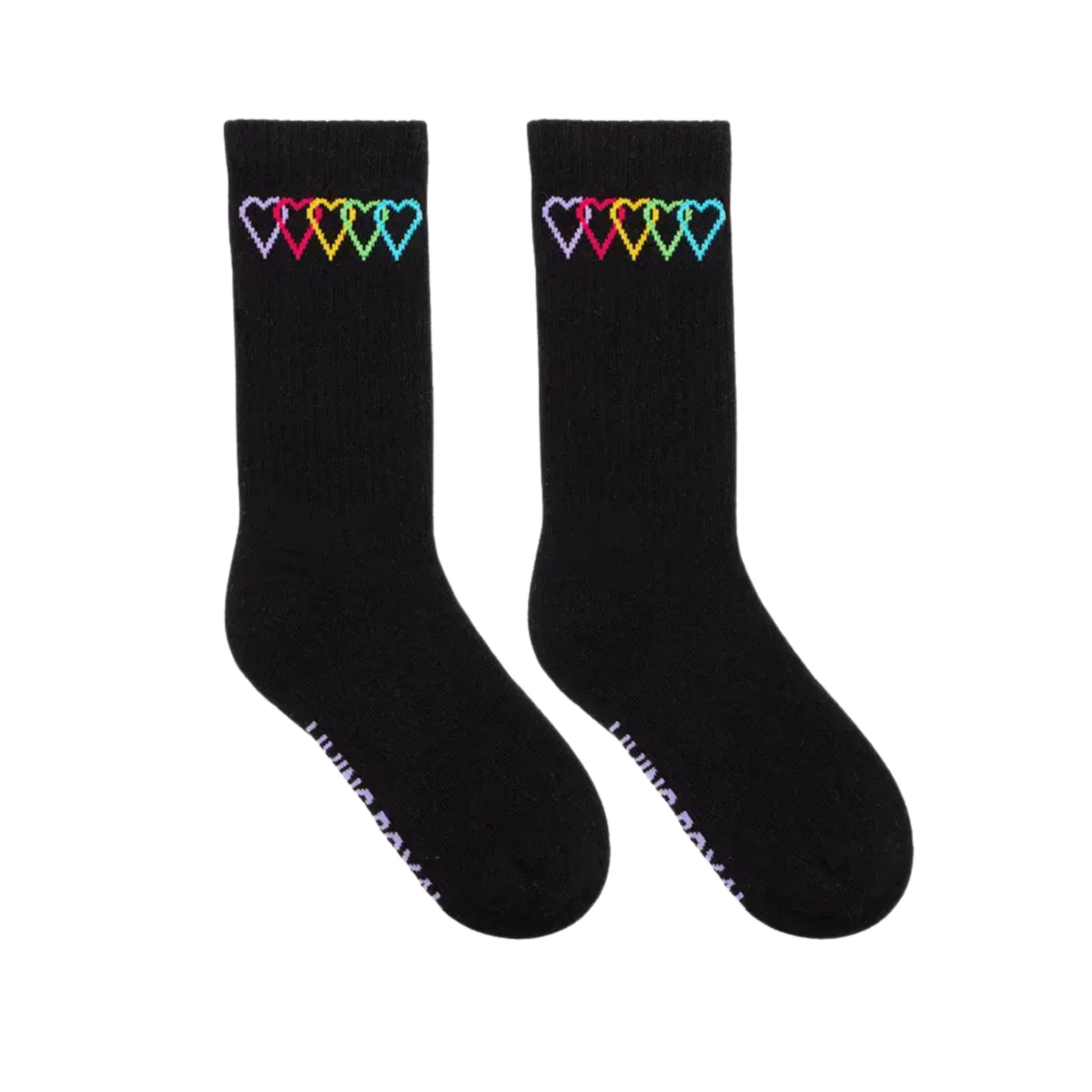 Colored Hearts Black Classic Crew Socks wit Ribbed Tubing | Seamless Toe Seam Novelty Socks