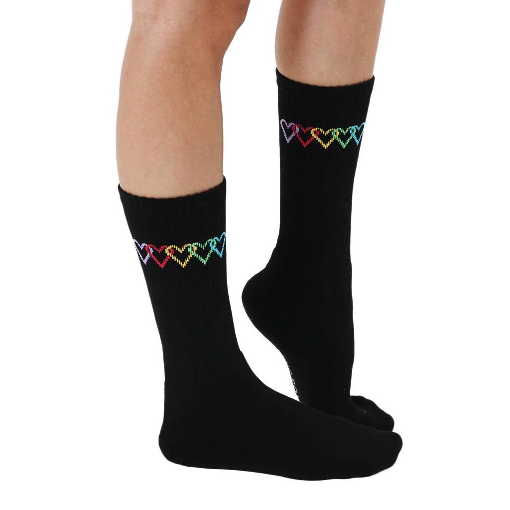 Colored Hearts Black Classic Crew Socks wit Ribbed Tubing | Seamless Toe Seam Novelty Socks - Image 2