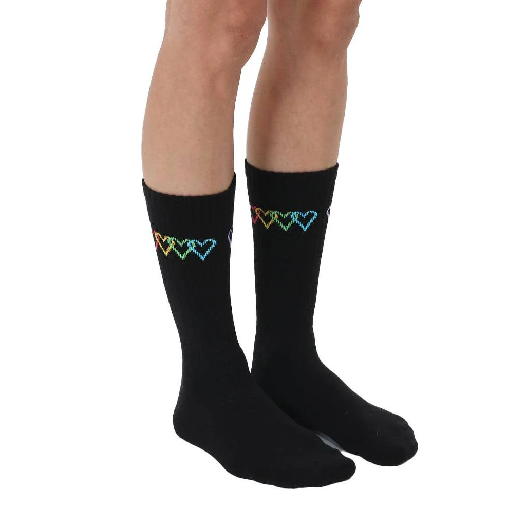 Colored Hearts Black Classic Crew Socks wit Ribbed Tubing | Seamless Toe Seam Novelty Socks - Image 3