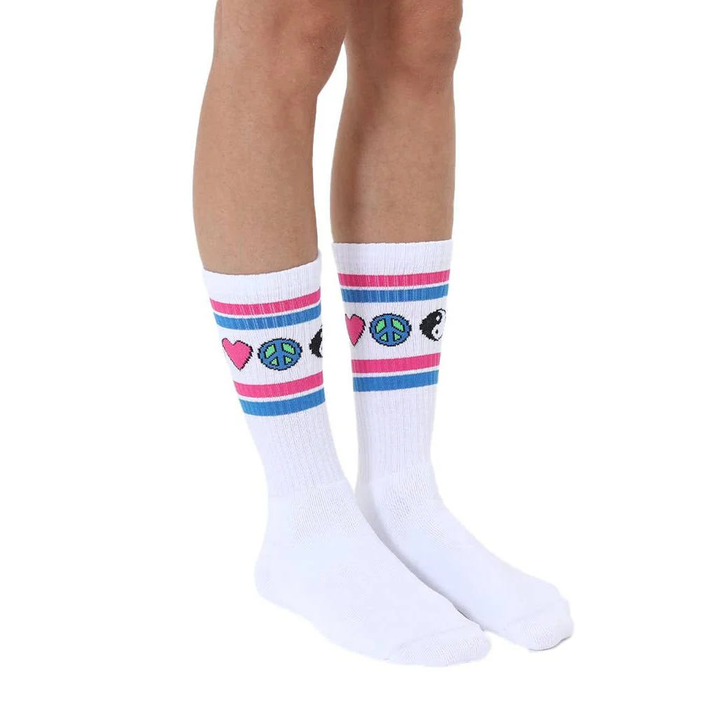 Iconic Y2K Symbols White Classic Crew Socks with Ribbed Tubing | Seamless Toe Seam Novelty Socks - Image 4
