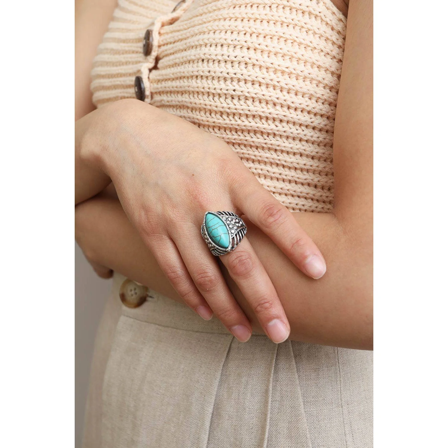 Classic Marquise Adjustable Turquoise Ring | Western Inspired Diamond Shaped Fashion Jewelry - Image 6