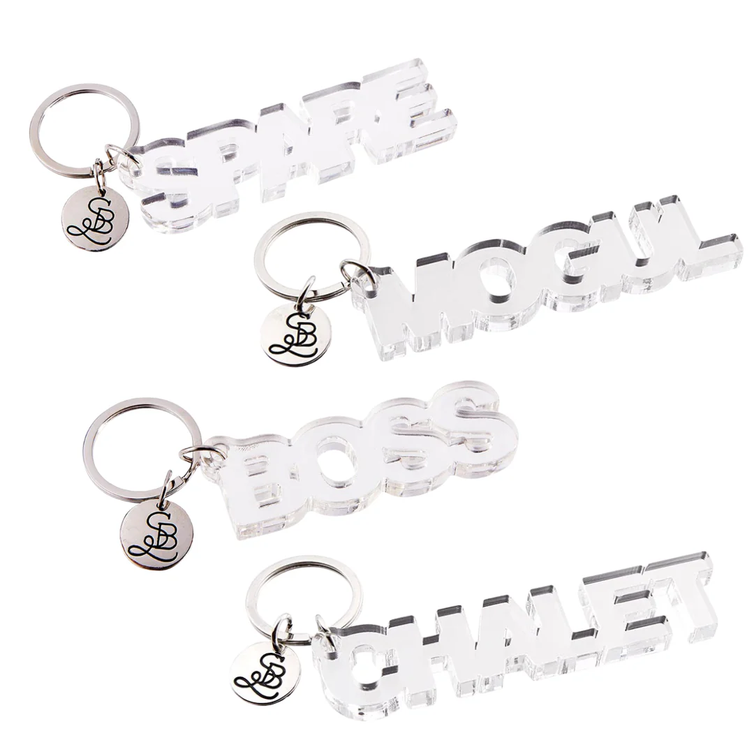Word Shaped Clear Acrylic Keychains in 4 Styles - Boss, Mogul, Spare, Chalet