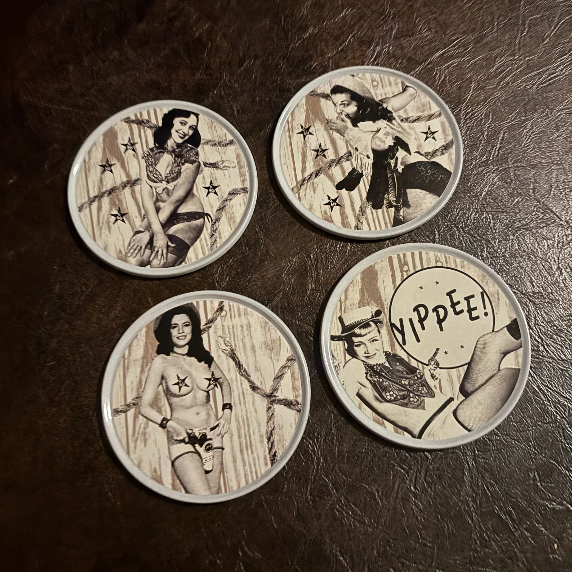 Sourpuss Nudie Coasters | Western Pin-Up Girls Set of Four | Metal & Cork Retro Round Drinkware with Tin - Image 5