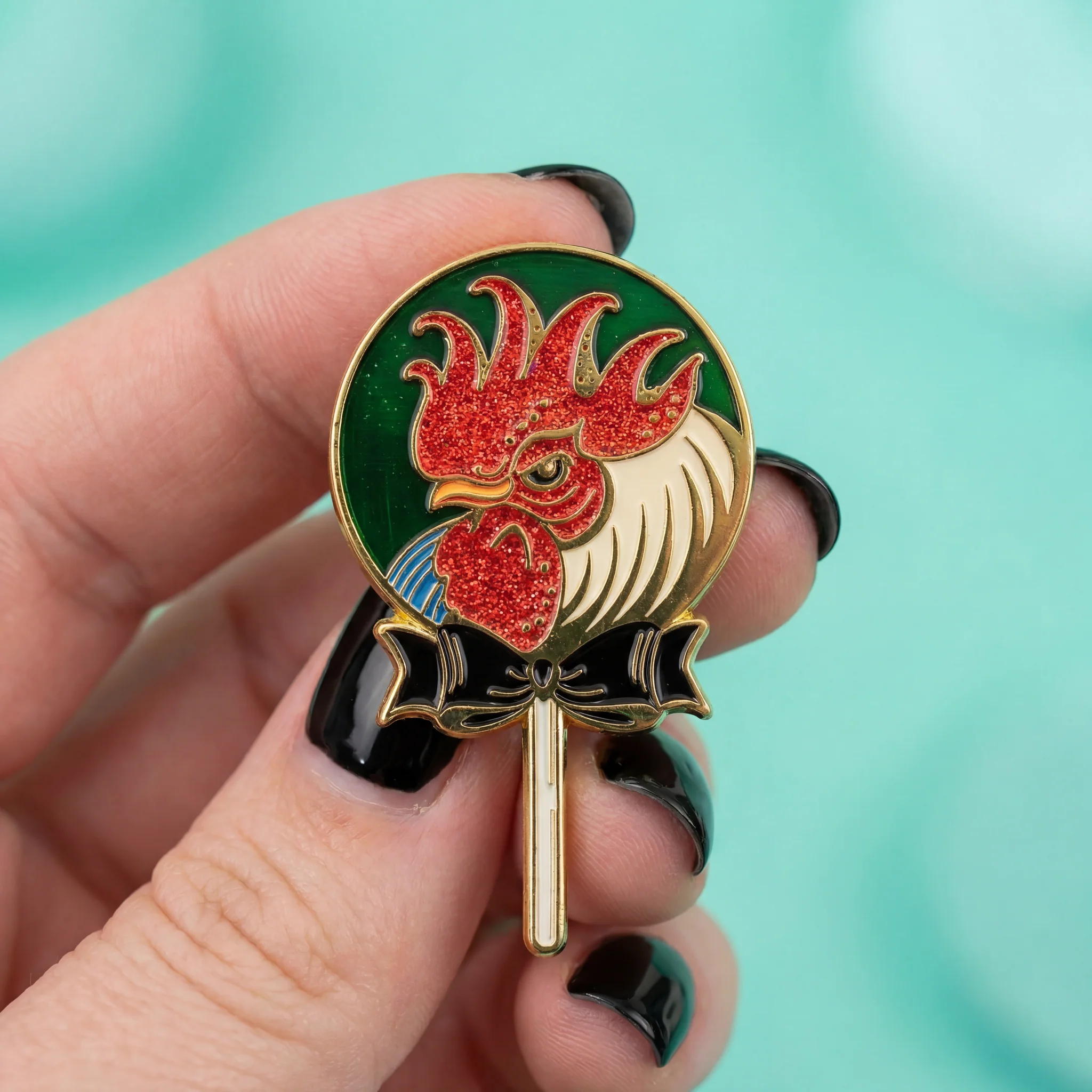 Cock Sucker Soft Enamel Pin | Red Glitter | Lollipop, Rooster - Image 3