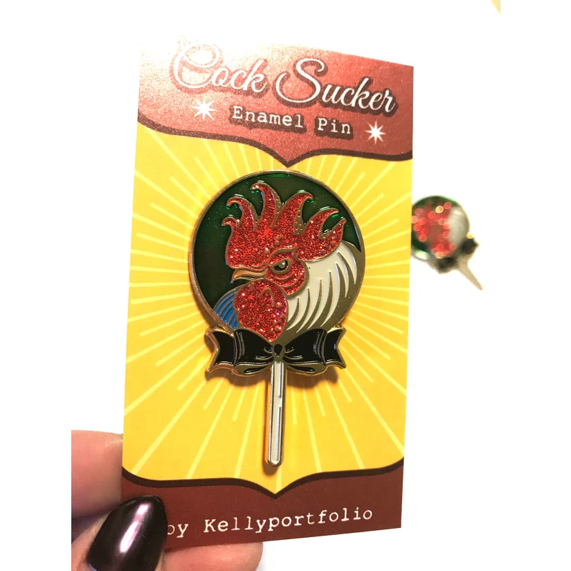 Cock Sucker Soft Enamel Pin | Red Glitter | Lollipop, Rooster - Image 5