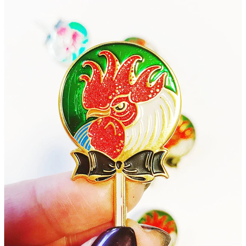 Cock Sucker Soft Enamel Pin | Red Glitter | Lollipop, Rooster - Image 6