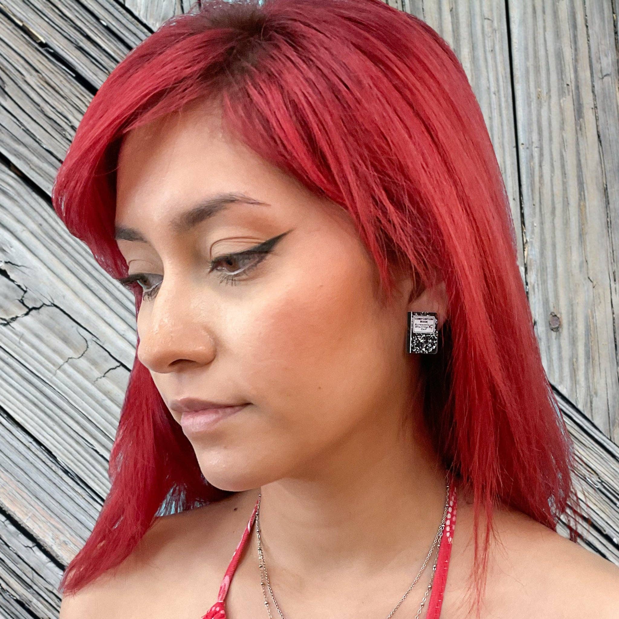 Composition Notebook Earrings "Screenplays Starring My Cat" - Image 2