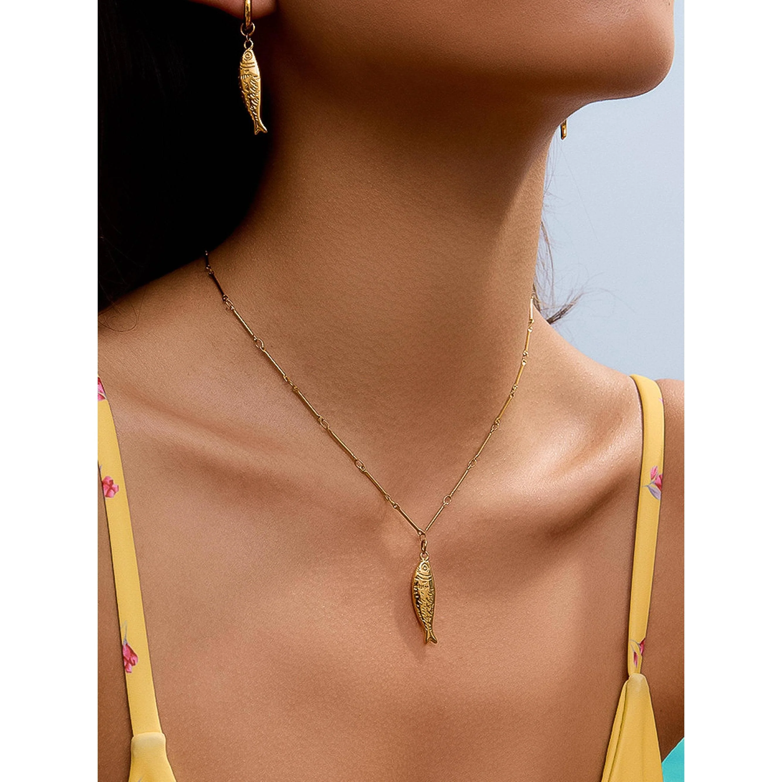 Coralie 18K Gold Non-Tarnish Fish Pendant Chain Necklace – Gold Plated Stainless Steel, Hypoallergenic - Image 2