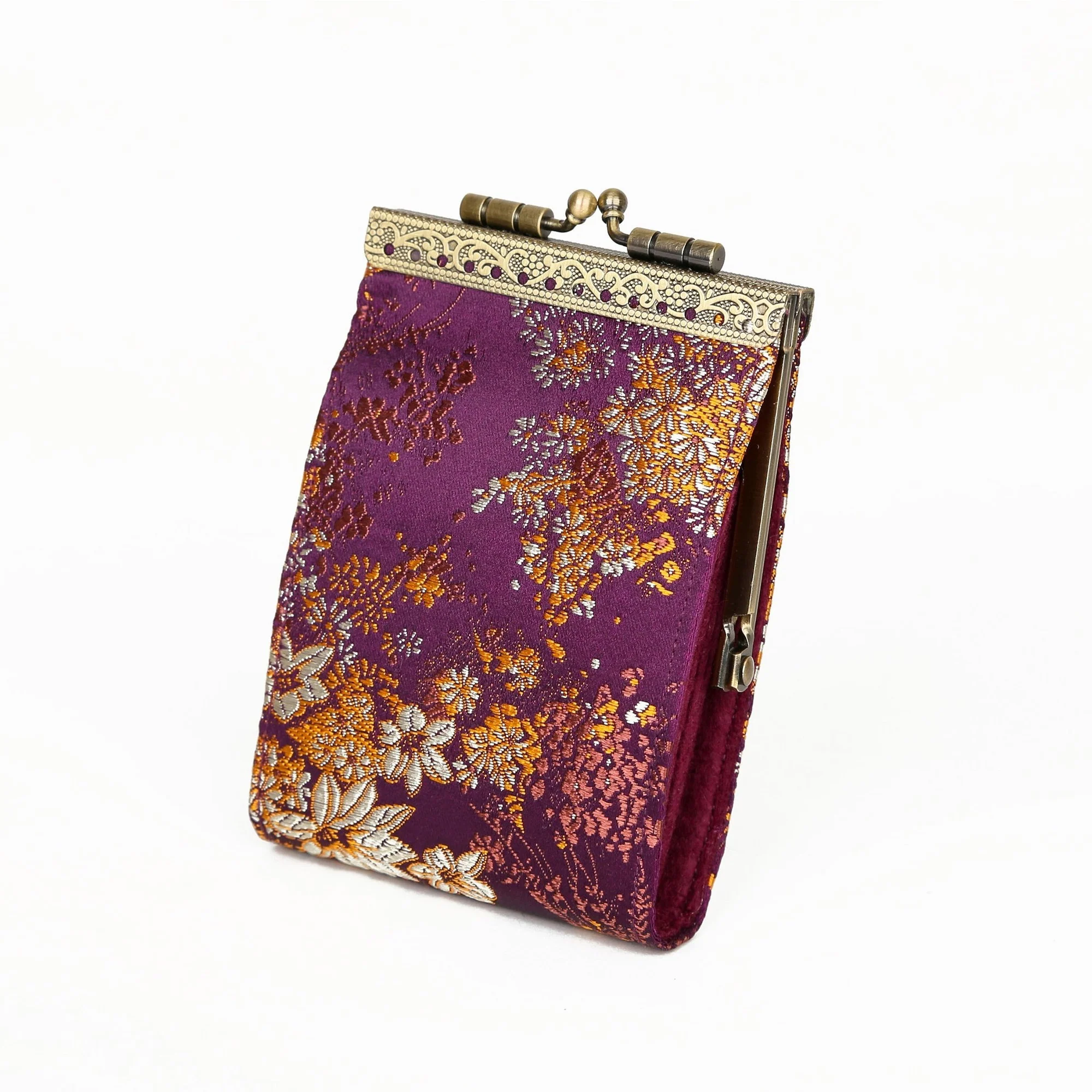 Credit Card Holder in Dark Plum Brocade Small Floral Pattern | 10 Slots | RFID Blocking