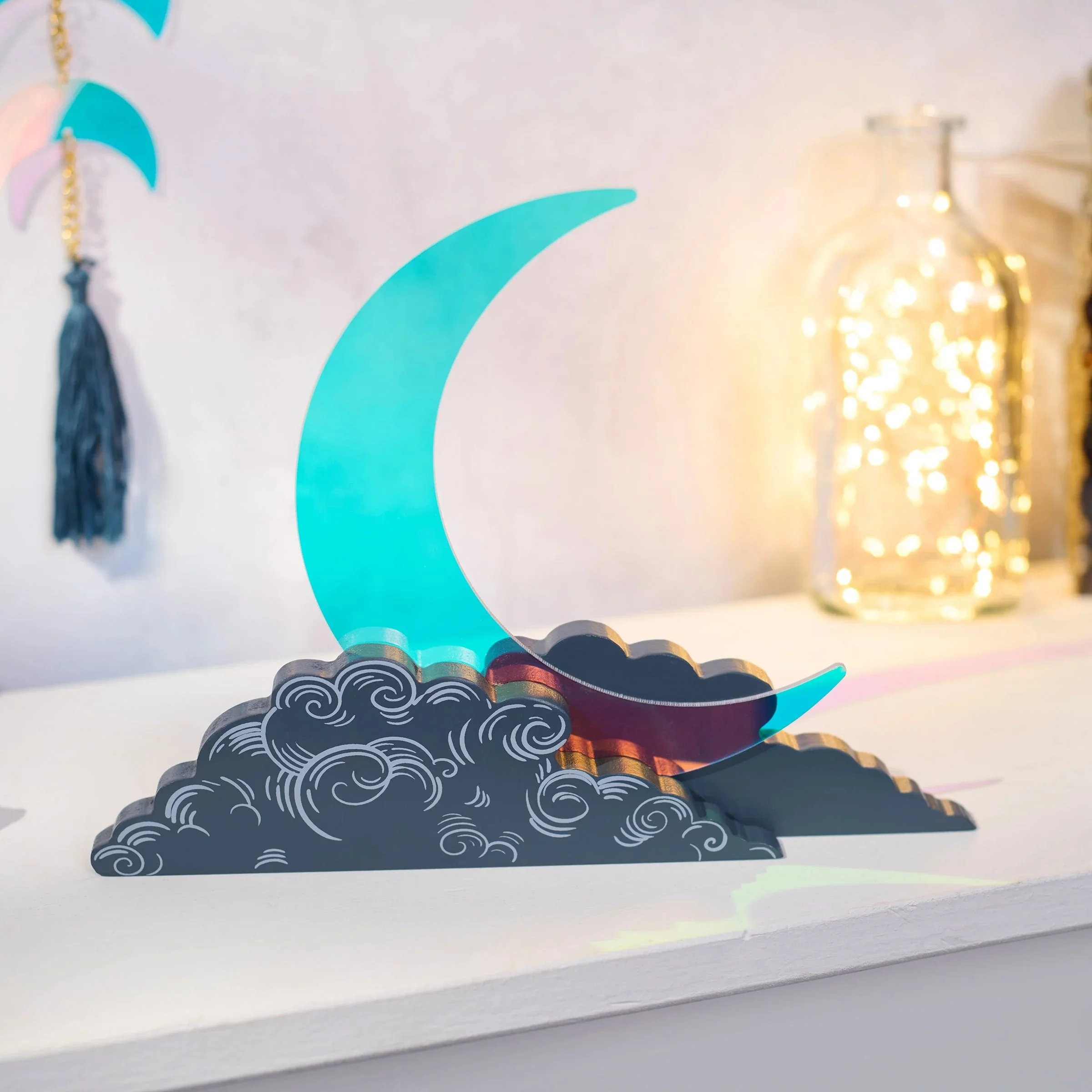 Crescent Moon Shelf Decor | Double-Sided Freestanding Acrylic Wood Celestial Decoration | 9.50" x 7.50" - Image 2