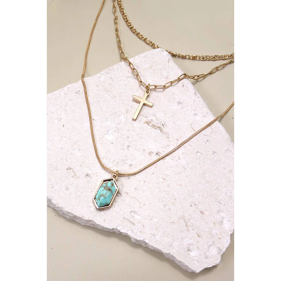 Cross Stone Multi Layer Chain Necklace | Layered Gold Tone Jewelry - Image 2