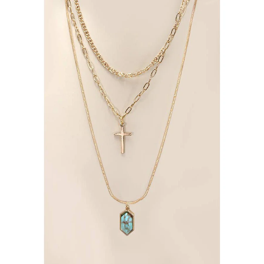 Cross Stone Multi Layer Chain Necklace | Layered Gold Tone Jewelry - Image 3