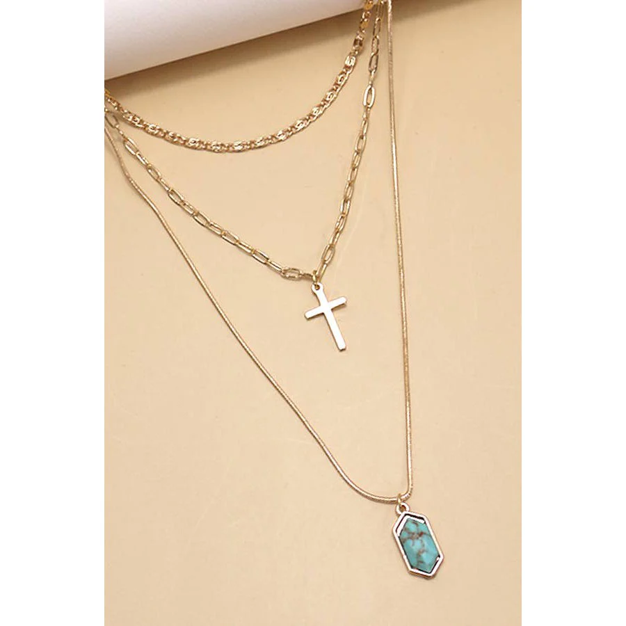Cross Stone Multi Layer Chain Necklace | Layered Gold Tone Jewelry - Image 4