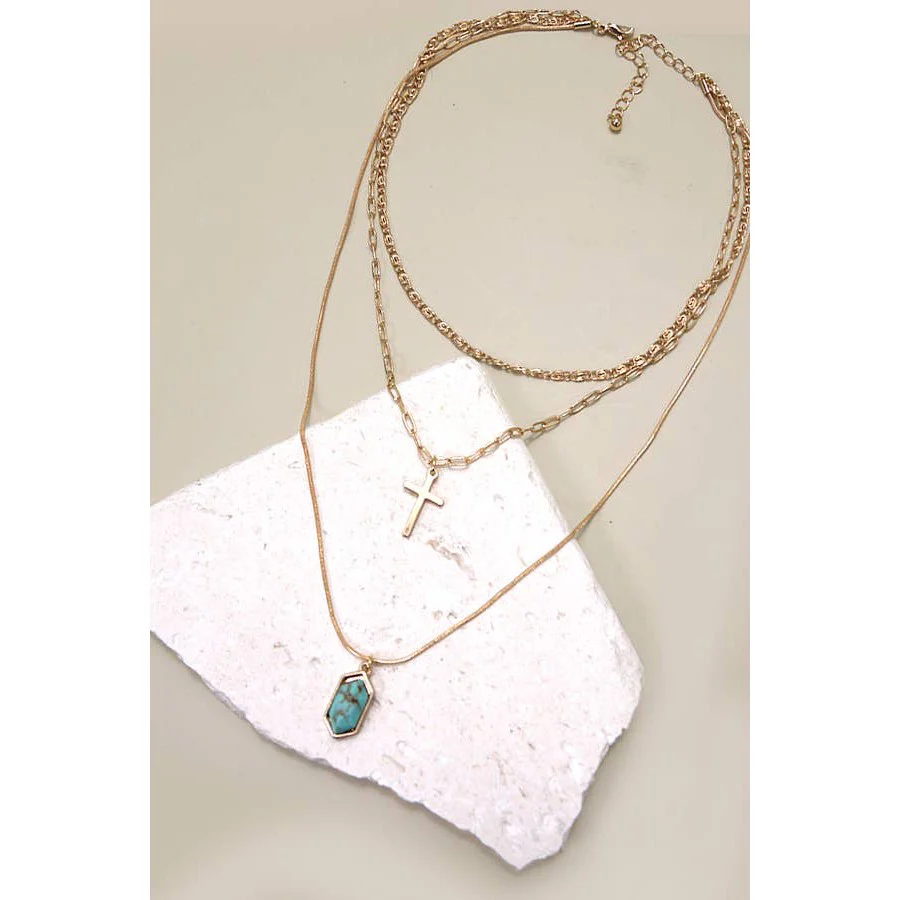 Cross Stone Multi Layer Chain Necklace | Layered Gold Tone Jewelry - Image 5
