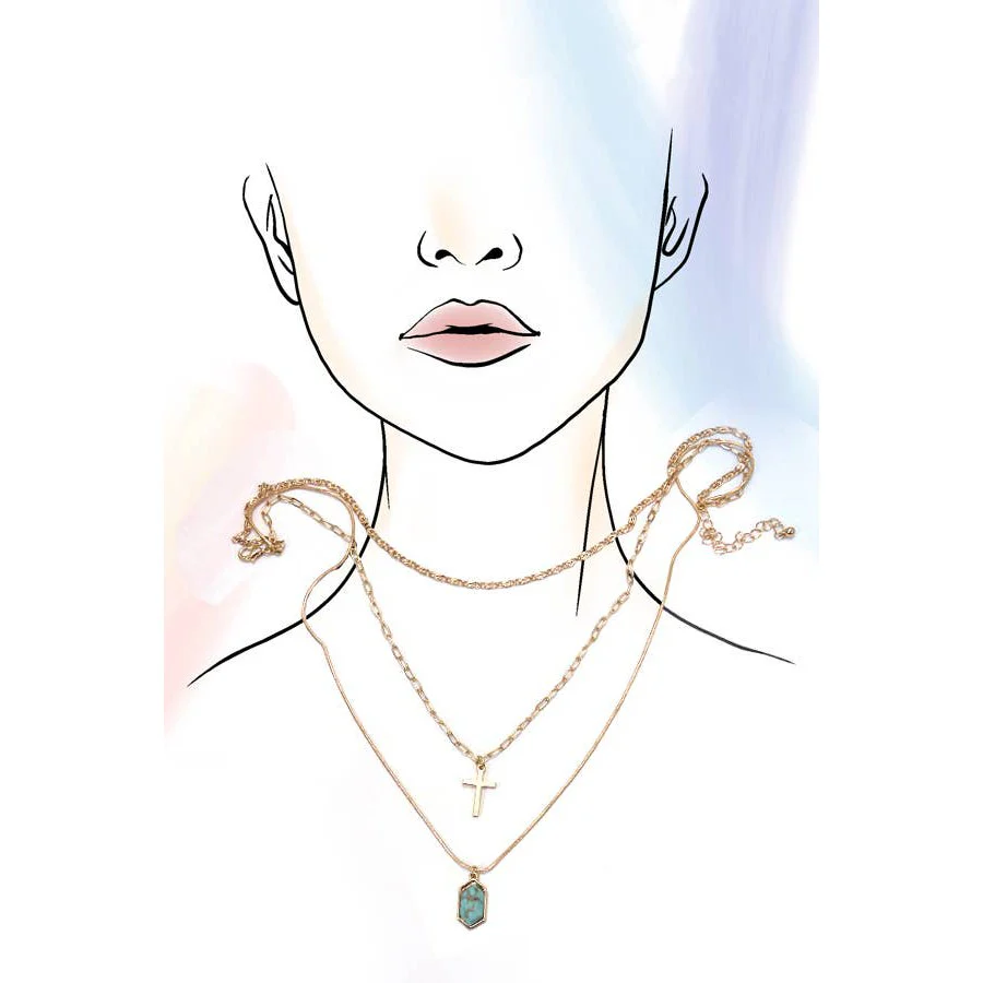 Cross Stone Multi Layer Chain Necklace | Layered Gold Tone Jewelry - Image 6