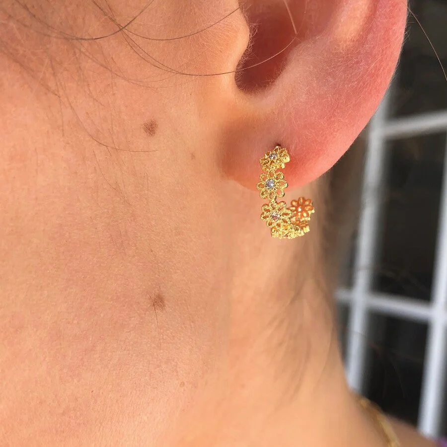 Crystal Daisy Hoop Earrings in Gold | Designed in the UK | 14K Gold Plated Brass - Image 2