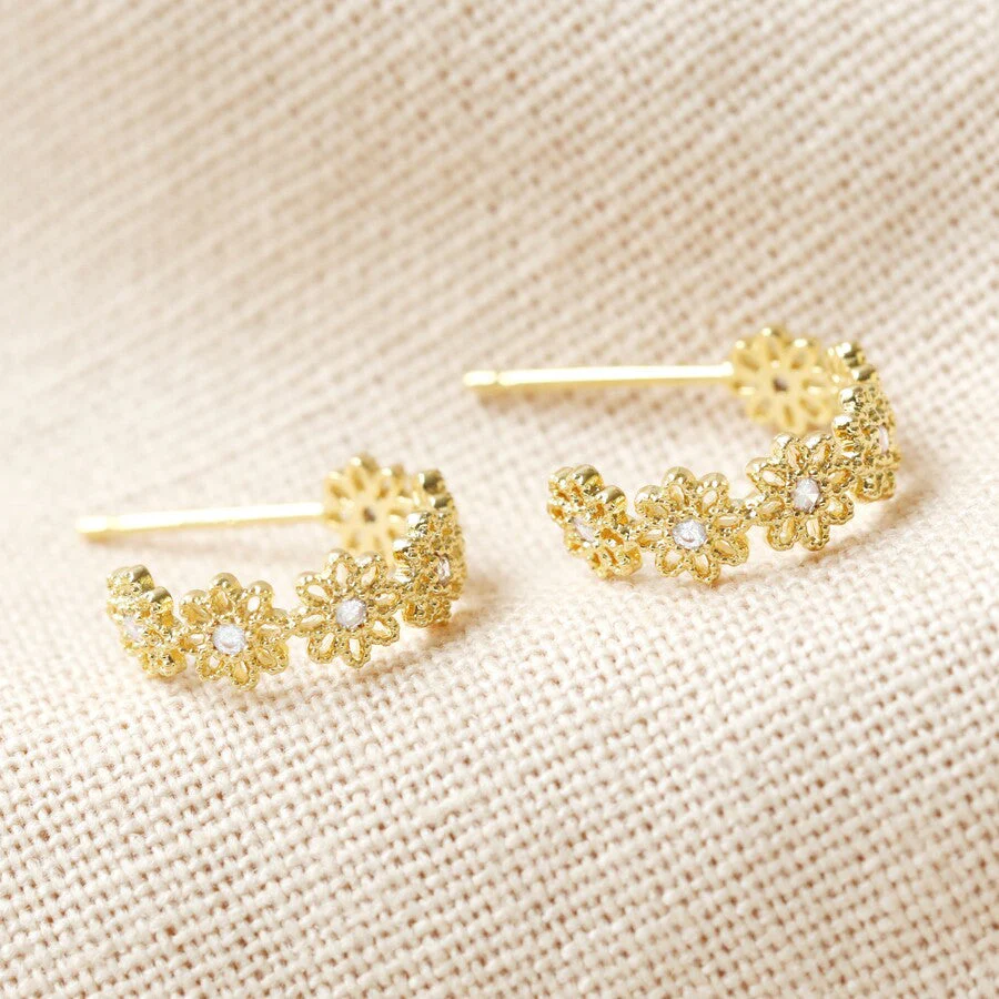 Crystal Daisy Hoop Earrings in Gold | Designed in the UK | 14K Gold Plated Brass - Image 4