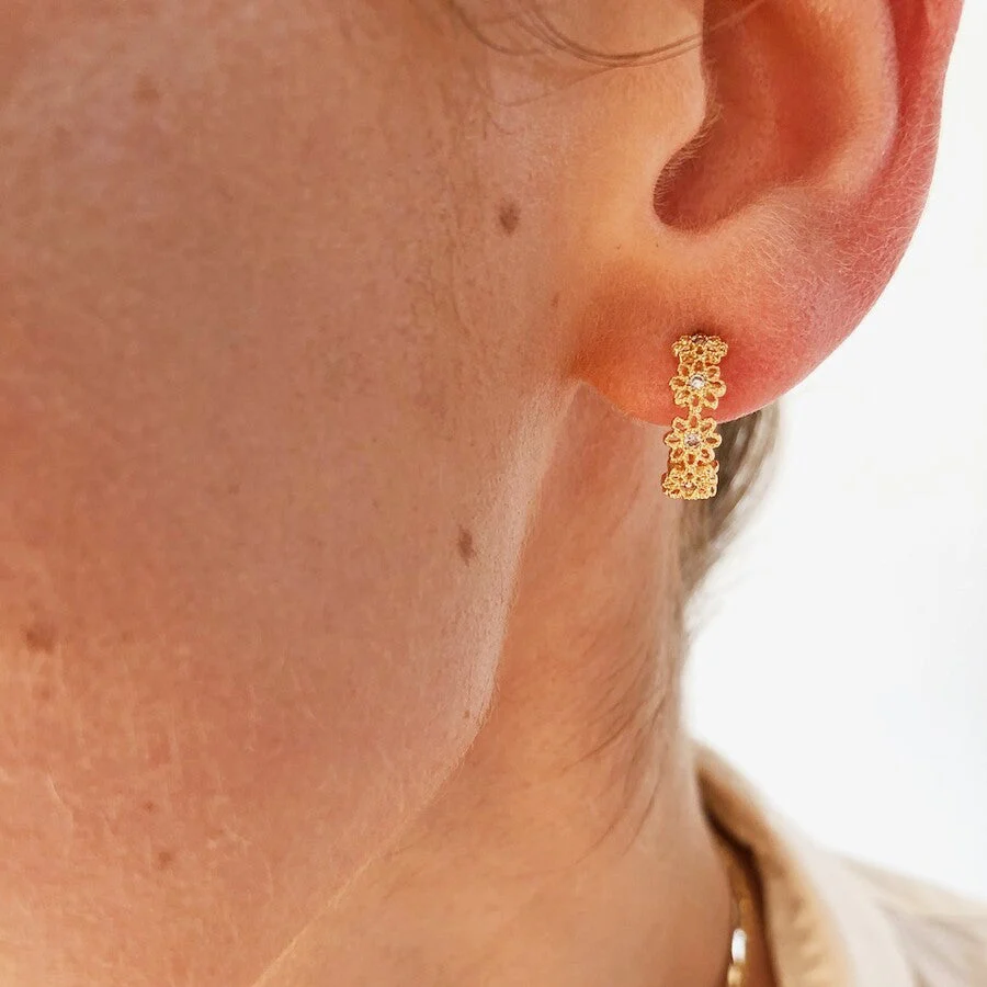 Crystal Daisy Hoop Earrings in Gold | Designed in the UK | 14K Gold Plated Brass - Image 5