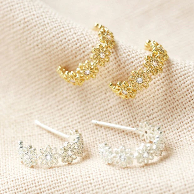 Crystal Daisy Hoop Earrings in Gold | Designed in the UK | 14K Gold Plated Brass - Image 6
