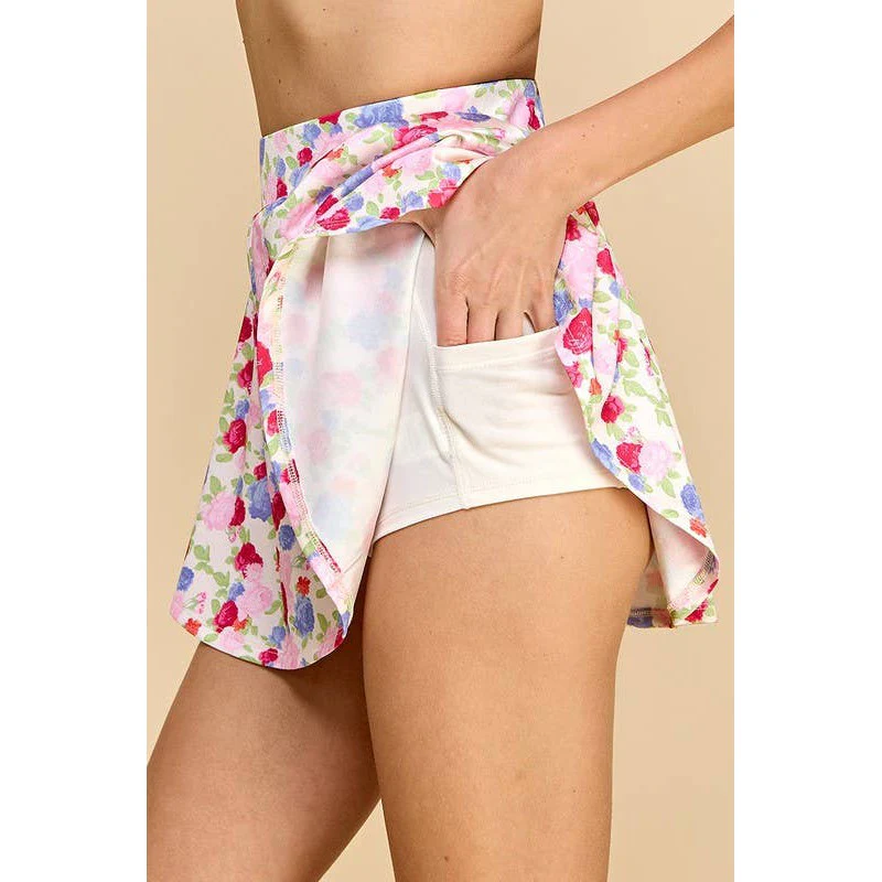 Floral Athletic Skirt with Built-in Undershorts | Pink & Blue Floral Print Skort [Sizes SM-M] - Image 3
