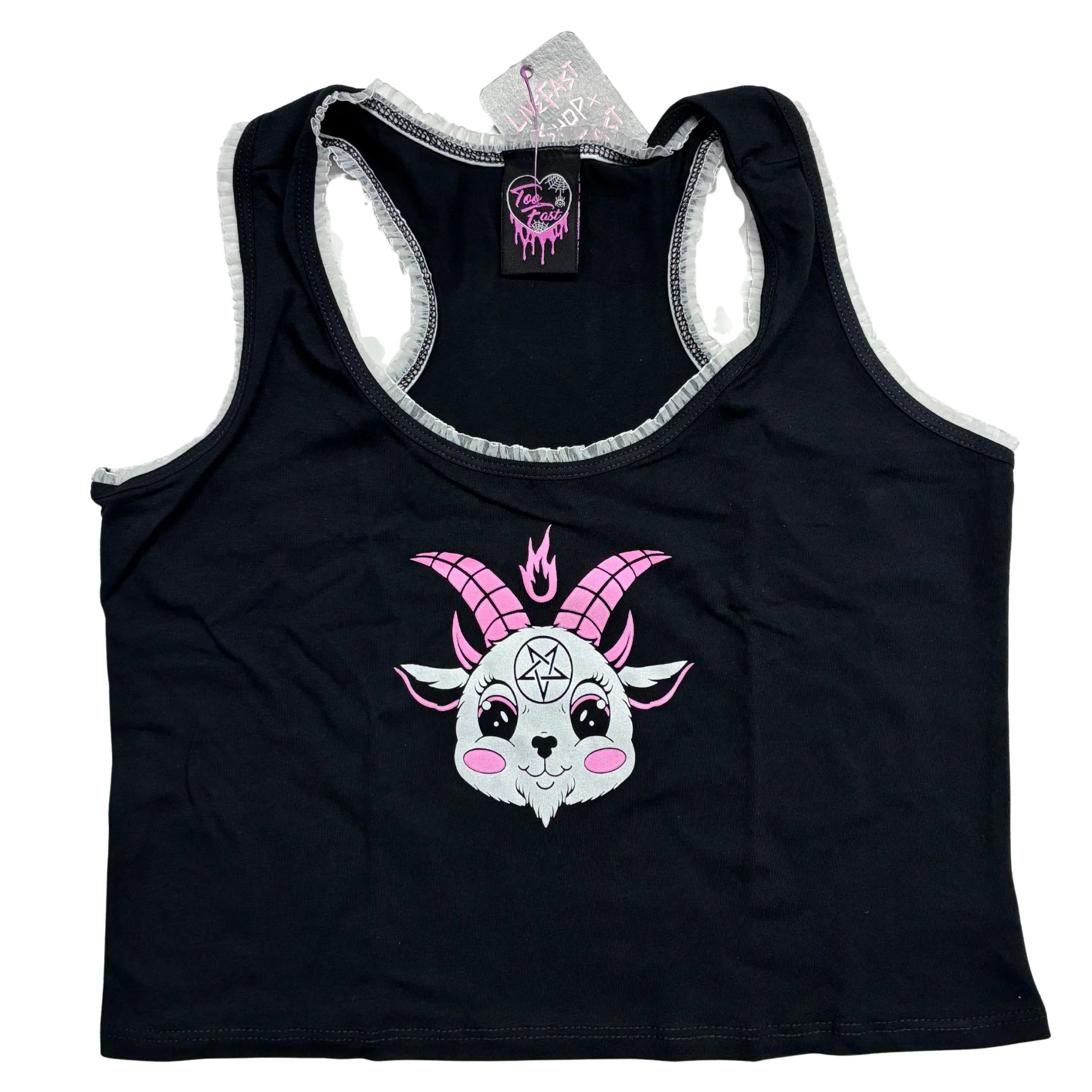 Cute Baby Goat White Lace Crop Cami Tank Top [Size M-XL Remaining] | Occult Crop Top - Image 3