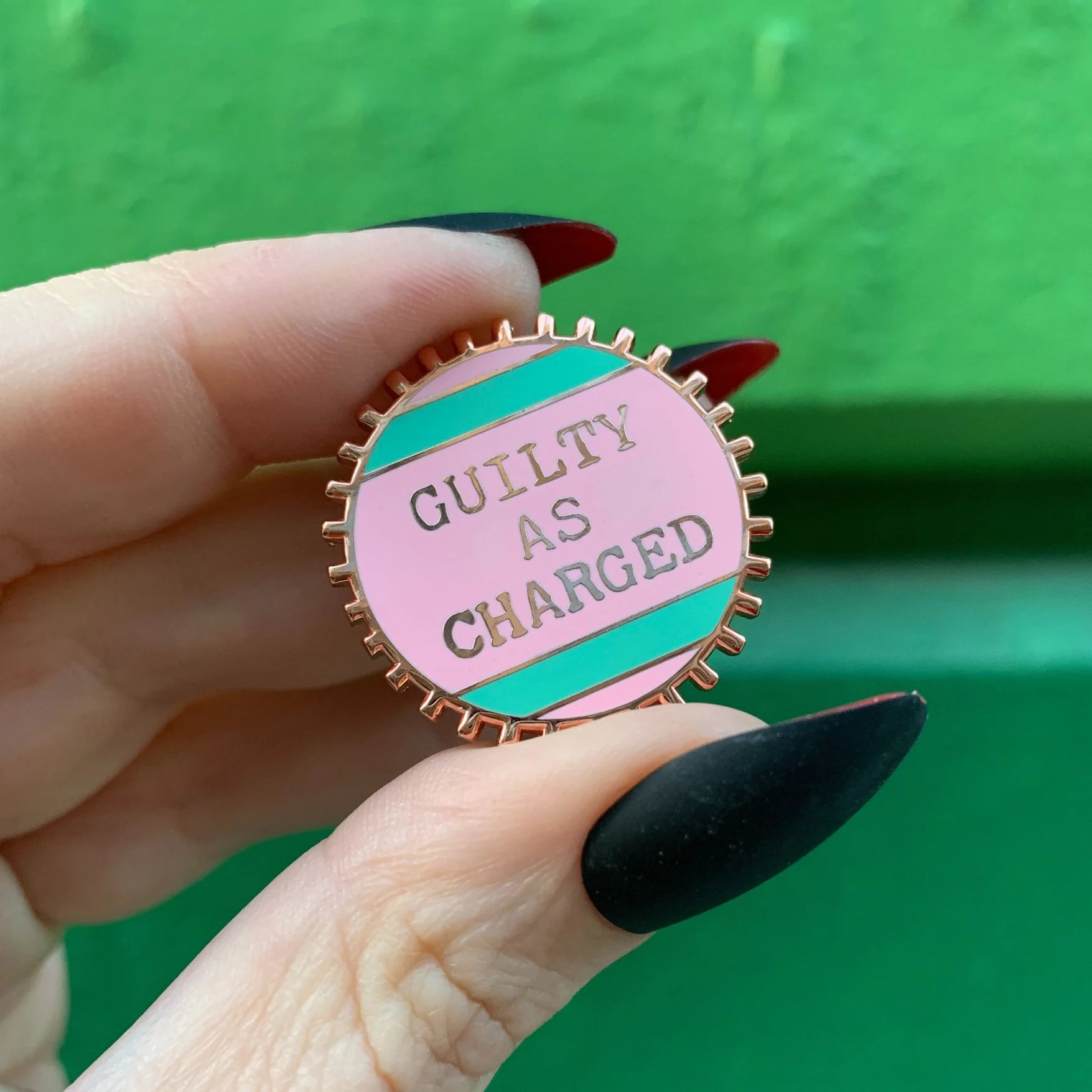 Guilty As Charged Pink and Mint Enamel Pin on Gift Card - Image 3