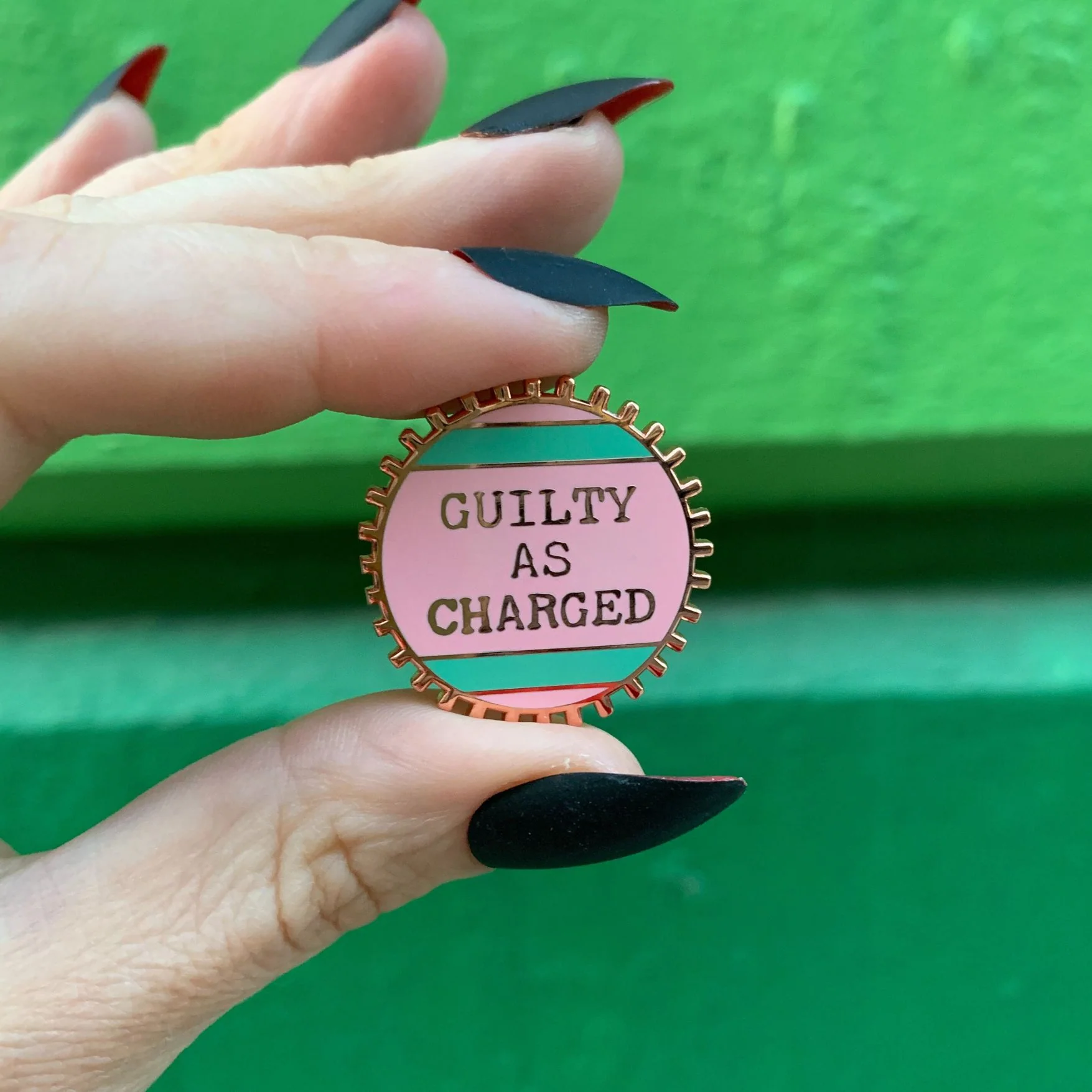 Guilty As Charged Pink and Mint Enamel Pin on Gift Card - Image 4