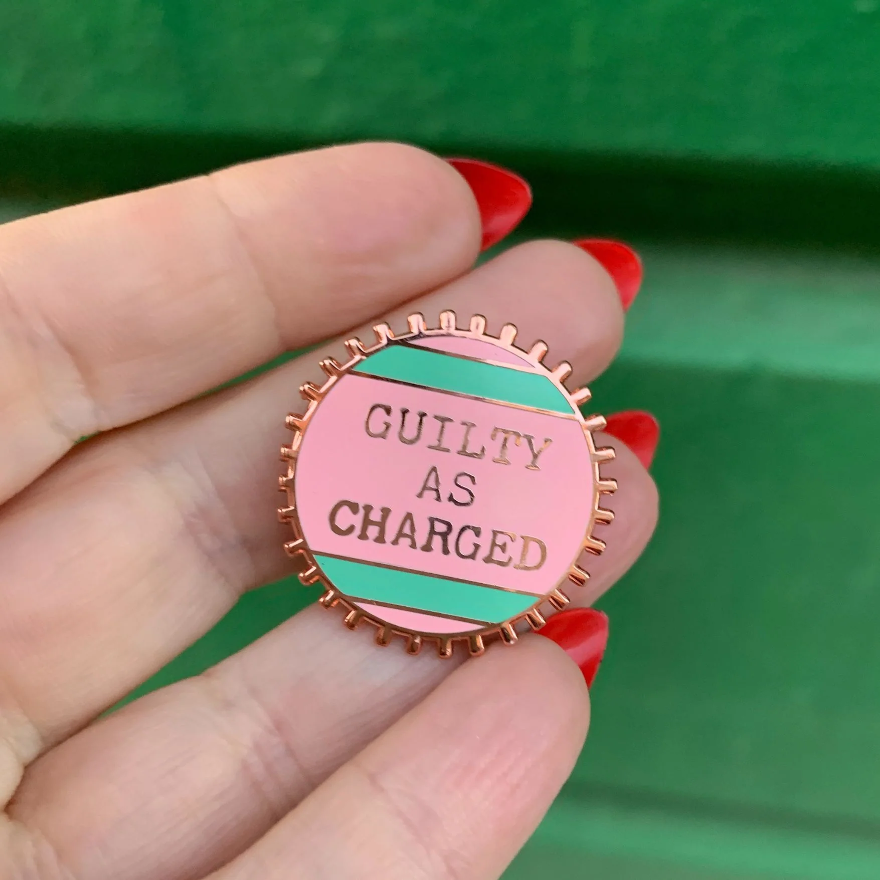 Guilty As Charged Pink and Mint Enamel Pin on Gift Card - Image 5