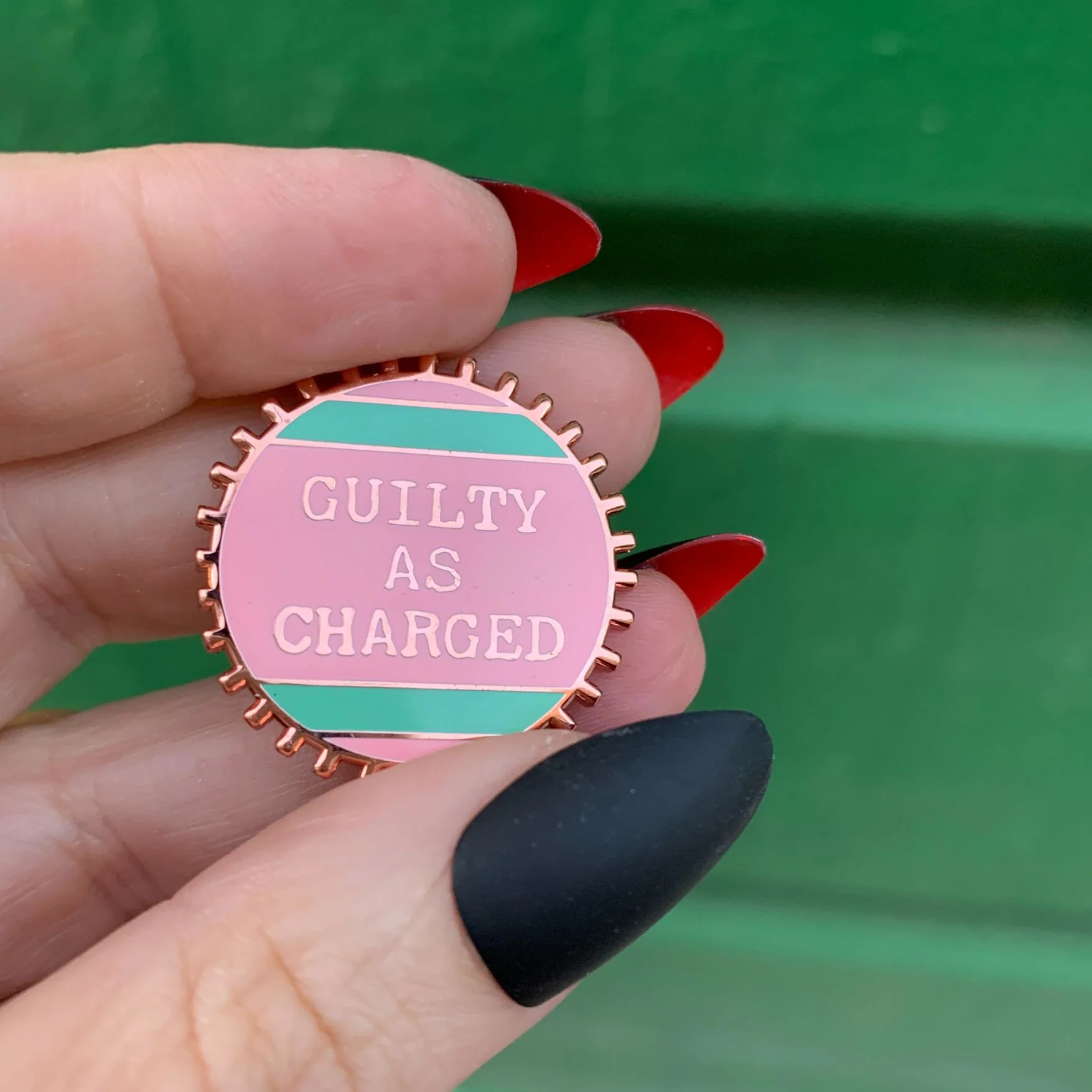 Guilty As Charged Pink and Mint Enamel Pin on Gift Card - Image 6