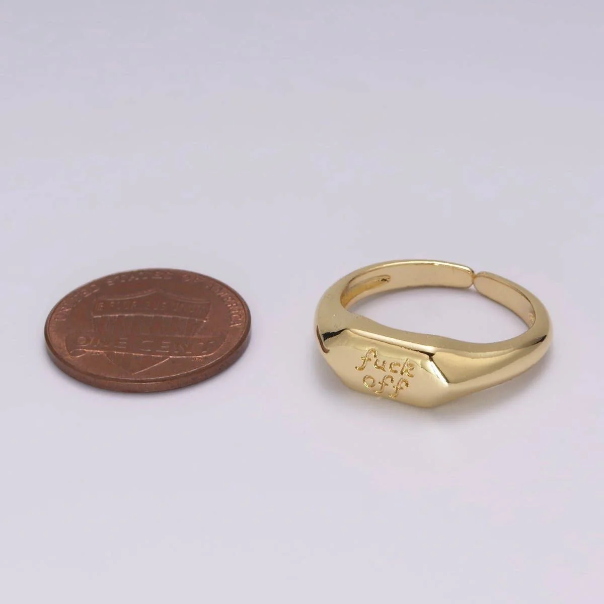 Dainty Gold “F*** Off” Signet Ring | Adjustable Open Statement Ring - Image 3