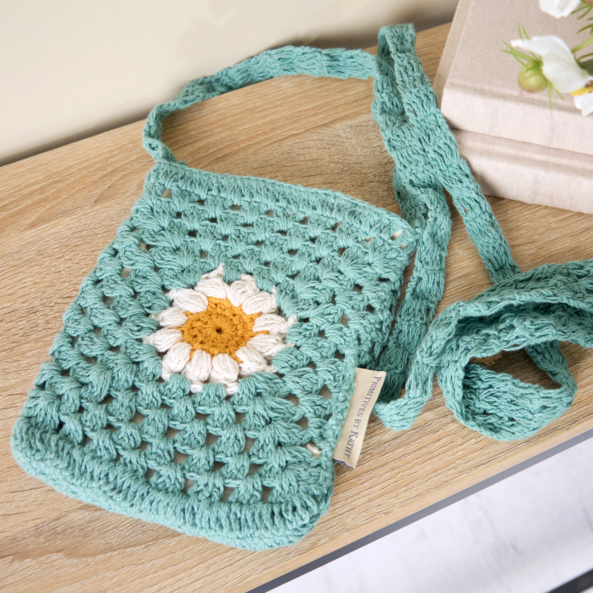 Crochet Daisy Crossbody Bag | Handmade Cotton Shoulder Sling Handbag | 6.5" x 8" - Image 2