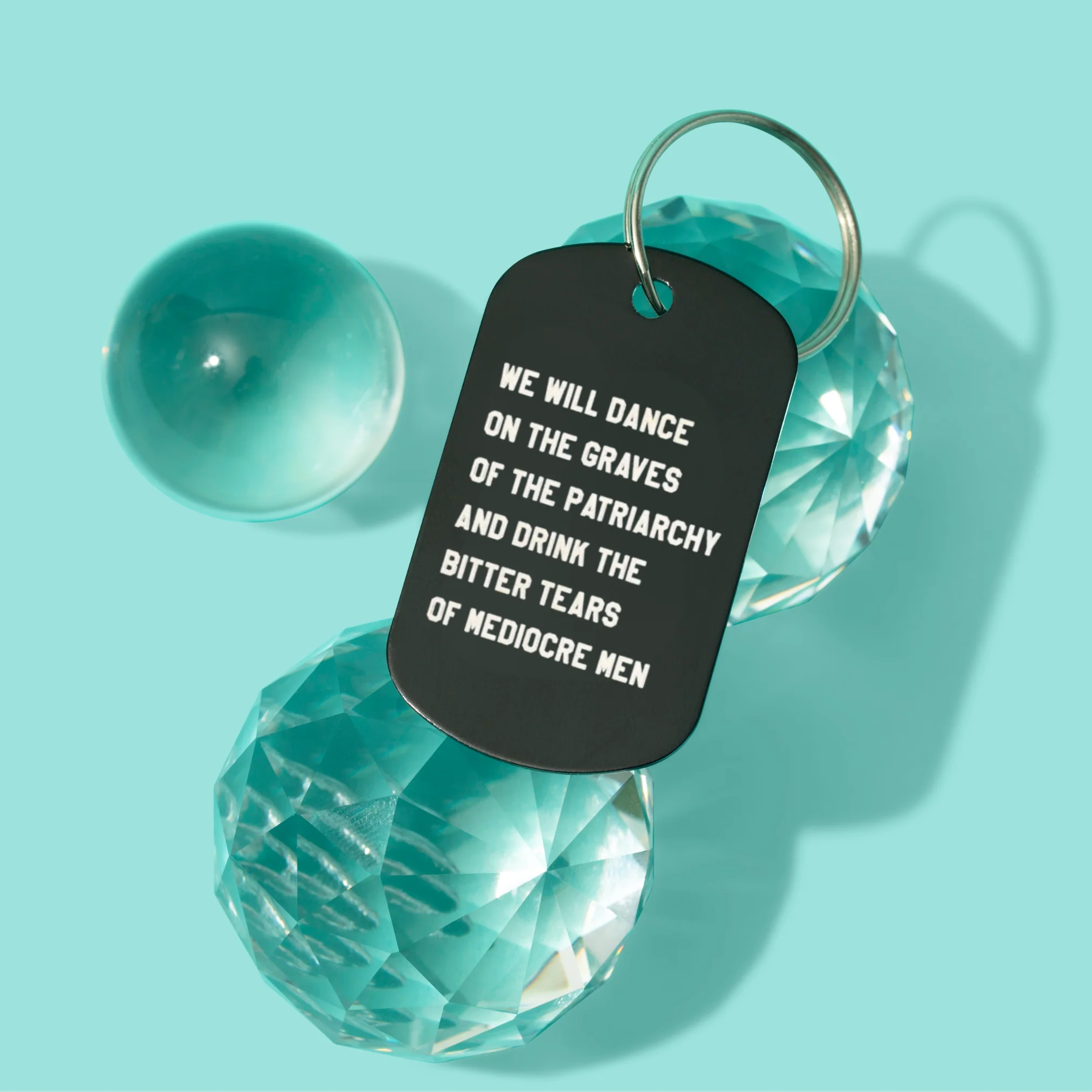 Dance on the Graves of the Patriarchy Dog Tag Keychain in Black, Laser Engraved