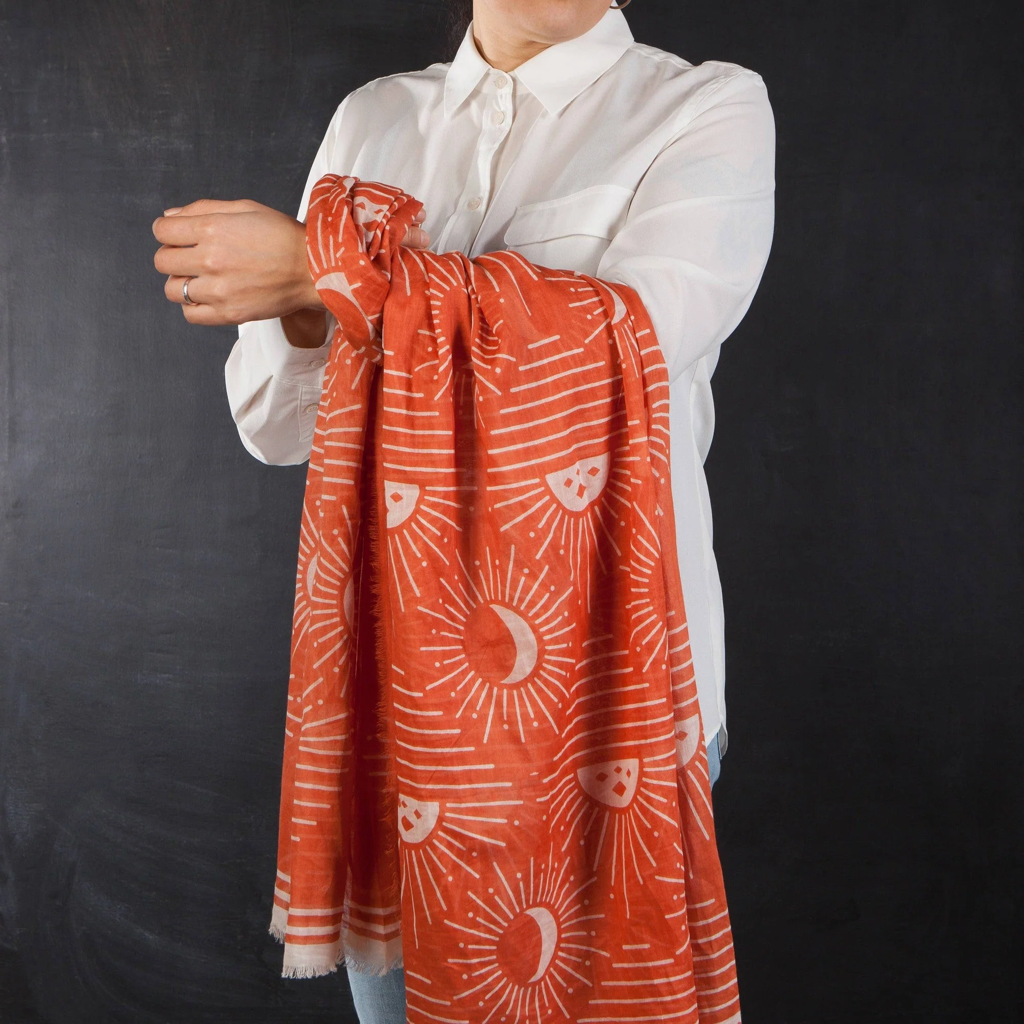 Soleil Printed Cotton Long Designer Scarf in Light Brown | Wrap Shawl Scarves | 40” x 72” - Image 5
