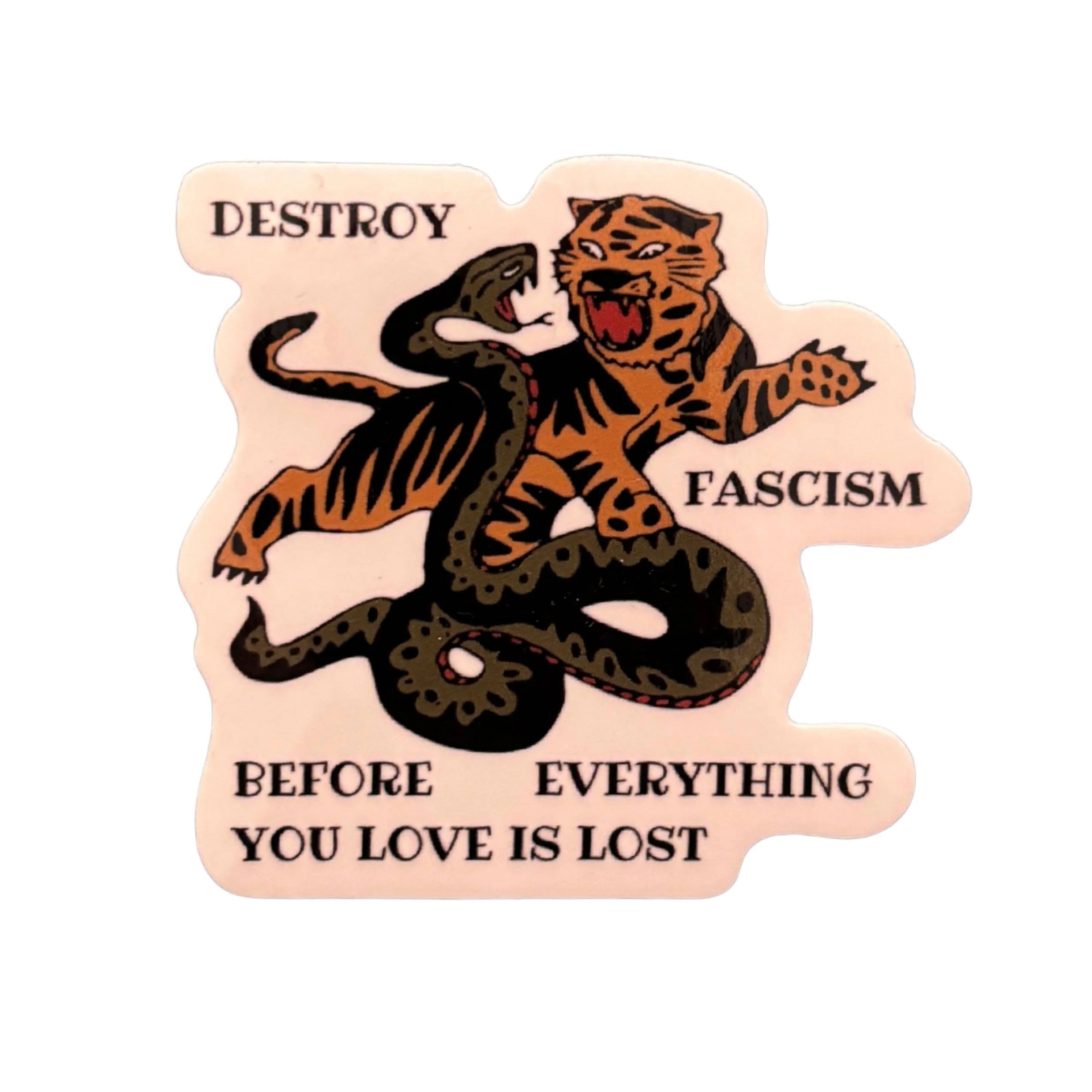 Destroy Fascism Tiger Sticker | Bold Protest Vinyl Decal | Activist Animal Art Sticker - Image 2
