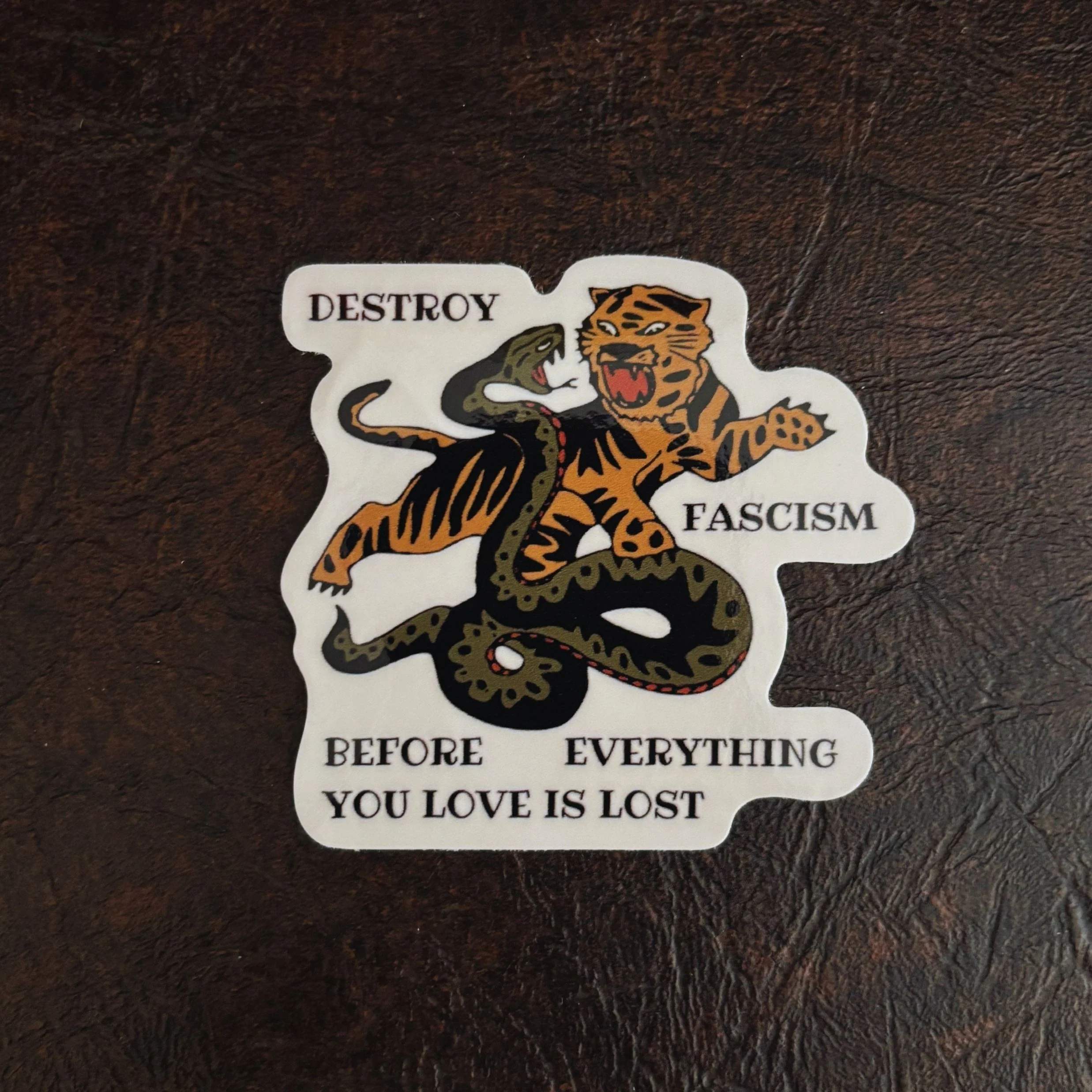 Destroy Fascism Tiger Sticker | Bold Protest Vinyl Decal | Activist Animal Art Sticker - Image 4