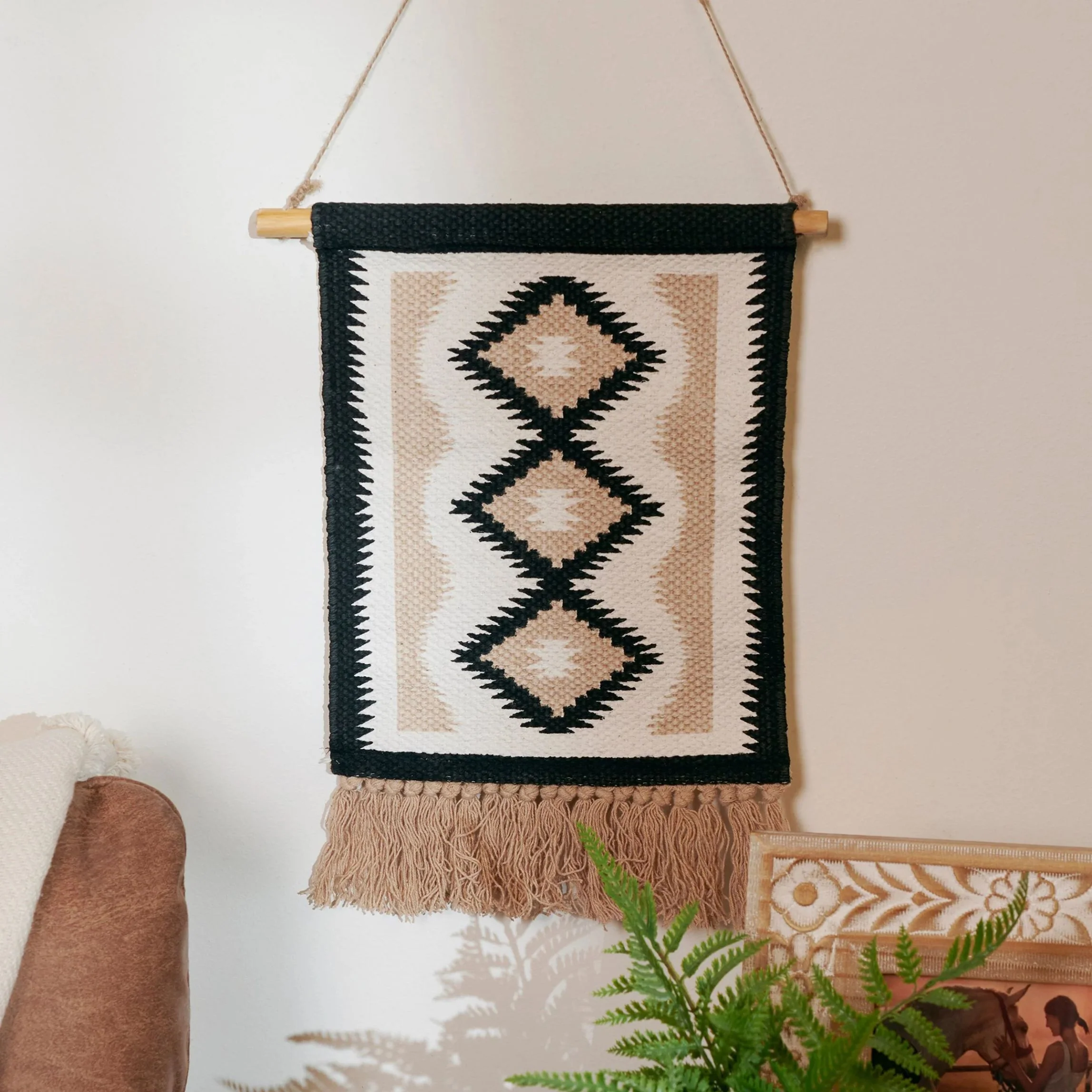 Diamond Western Cotton Wall Hanging with Jute Tassels | Rustic Boho Western Wall Décor | 10" x 12" - Image 2