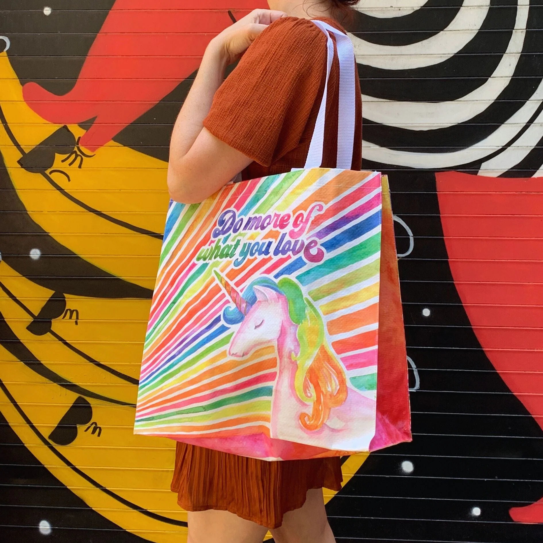 Do More Of What You Love Large Market Tote Bag in '70s-'80s Unicorn Rainbow Design | 15.50" x 15.25" x 6" - Image 3