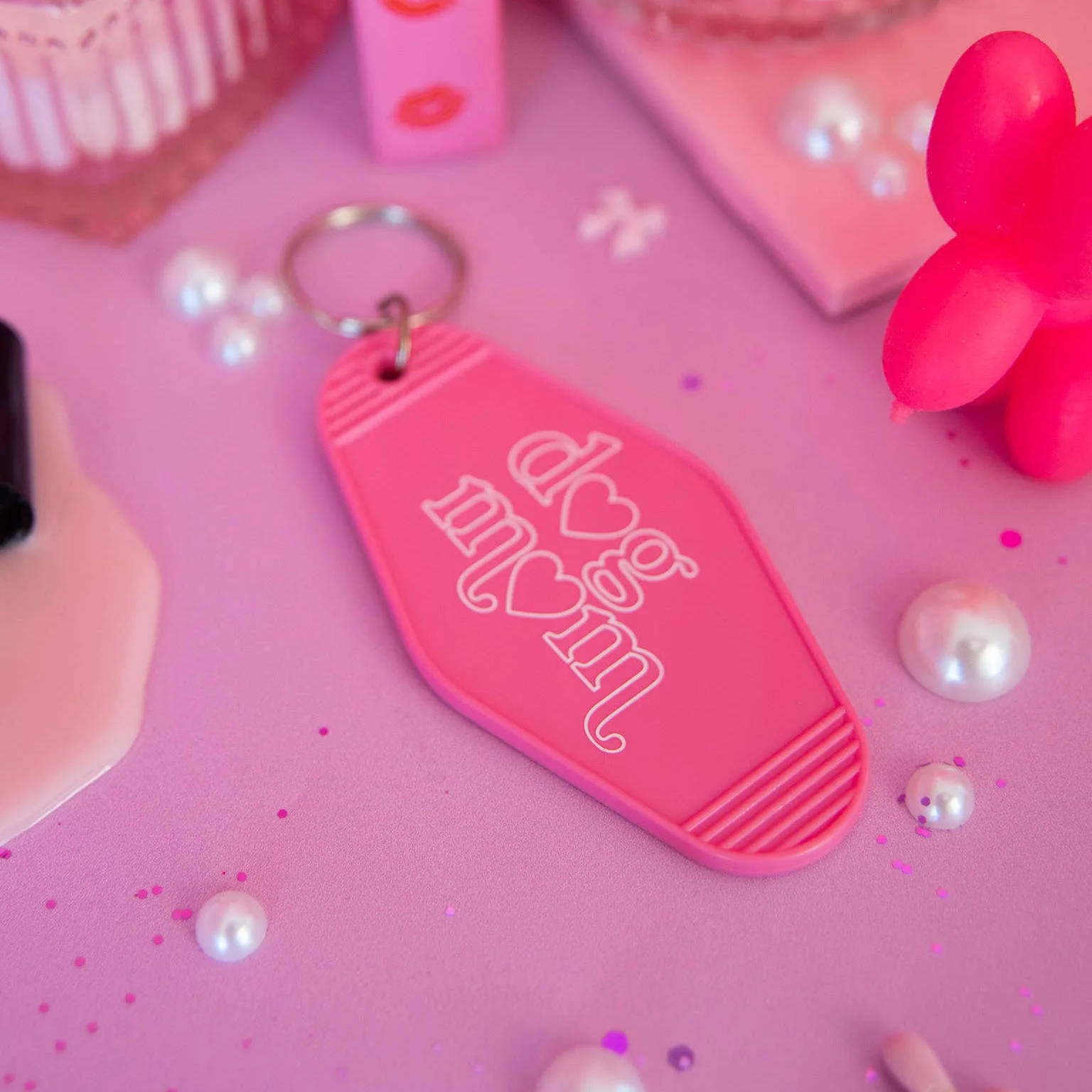 Dog Mom Keychain | Pink Vintage Motel Style Key Tag - Image 2