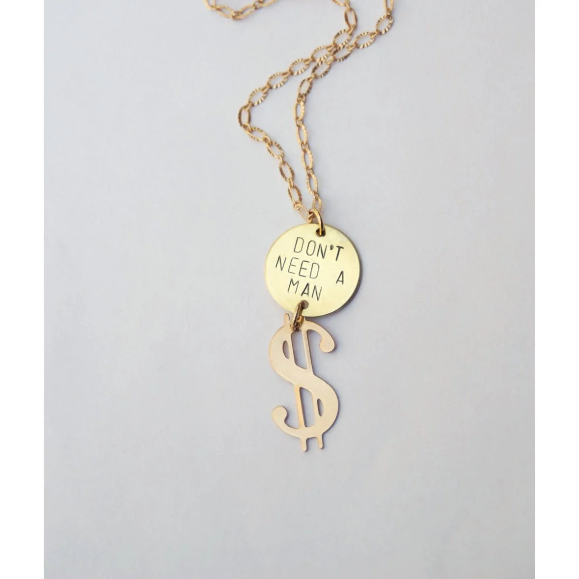Don't Need a Man Necklace in Brass | Dollar Sign Pendant | Handmade - Image 3