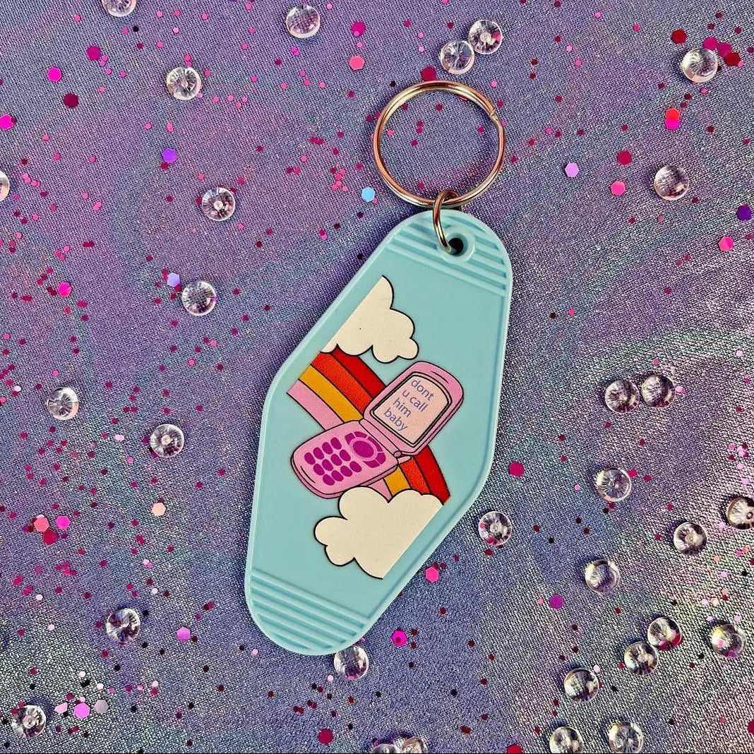 Don't u Call Him Baby 90s Y2K Flip Phone Motel Keychain in Light Blue | Rainbow Retro - Image 2
