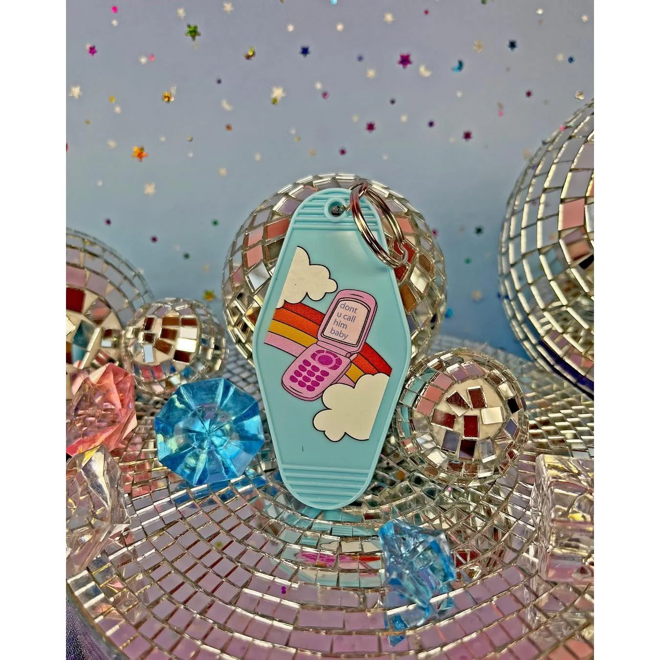 Don't u Call Him Baby 90s Y2K Flip Phone Motel Keychain in Light Blue | Rainbow Retro - Image 3