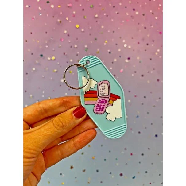 Don't u Call Him Baby 90s Y2K Flip Phone Motel Keychain in Light Blue | Rainbow Retro - Image 4