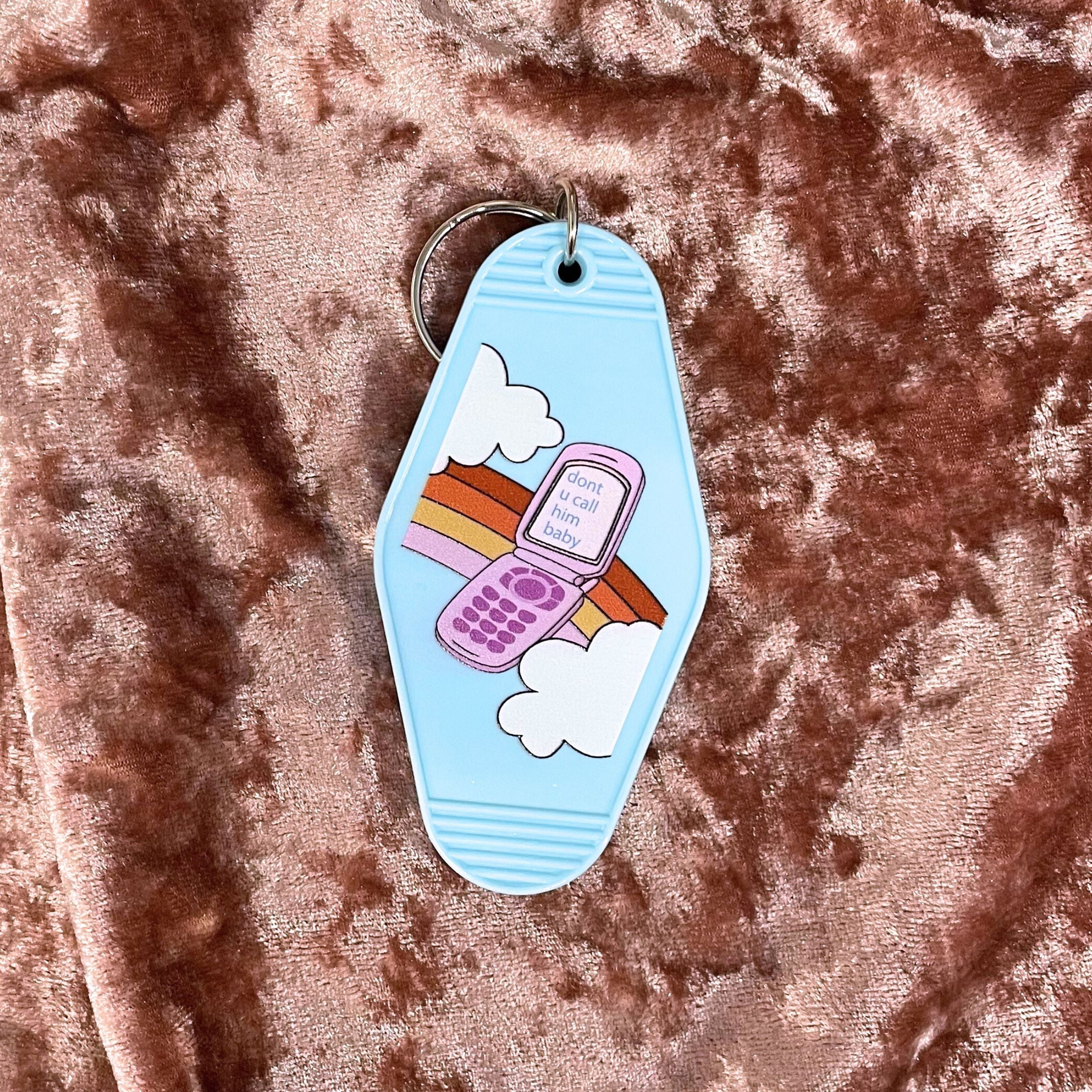 Don't u Call Him Baby 90s Y2K Flip Phone Motel Keychain in Light Blue | Rainbow Retro - Image 5