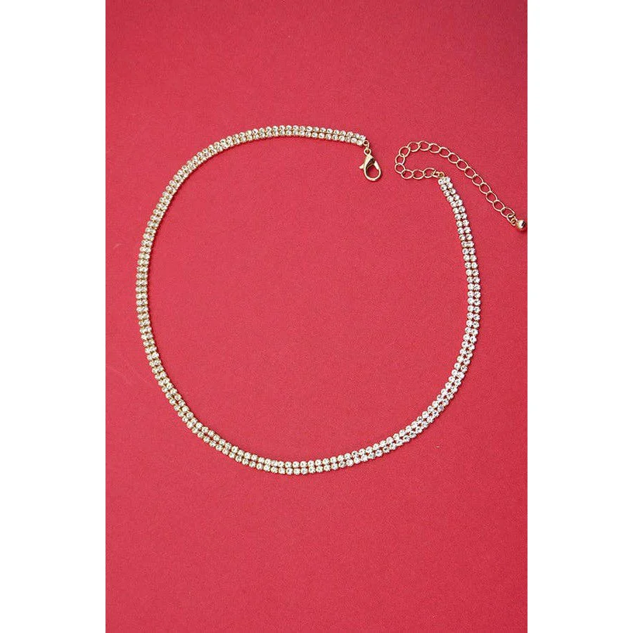 Double Row Rhinestone Chain Necklace | Choker Gold Plated Jewelry - Image 2